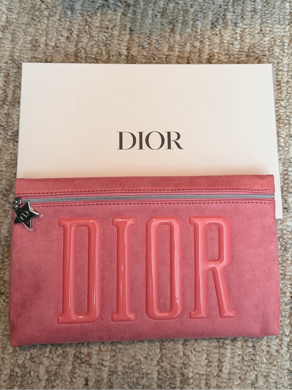 DIOR Pink Suede Embossed Logo Zip Pouch